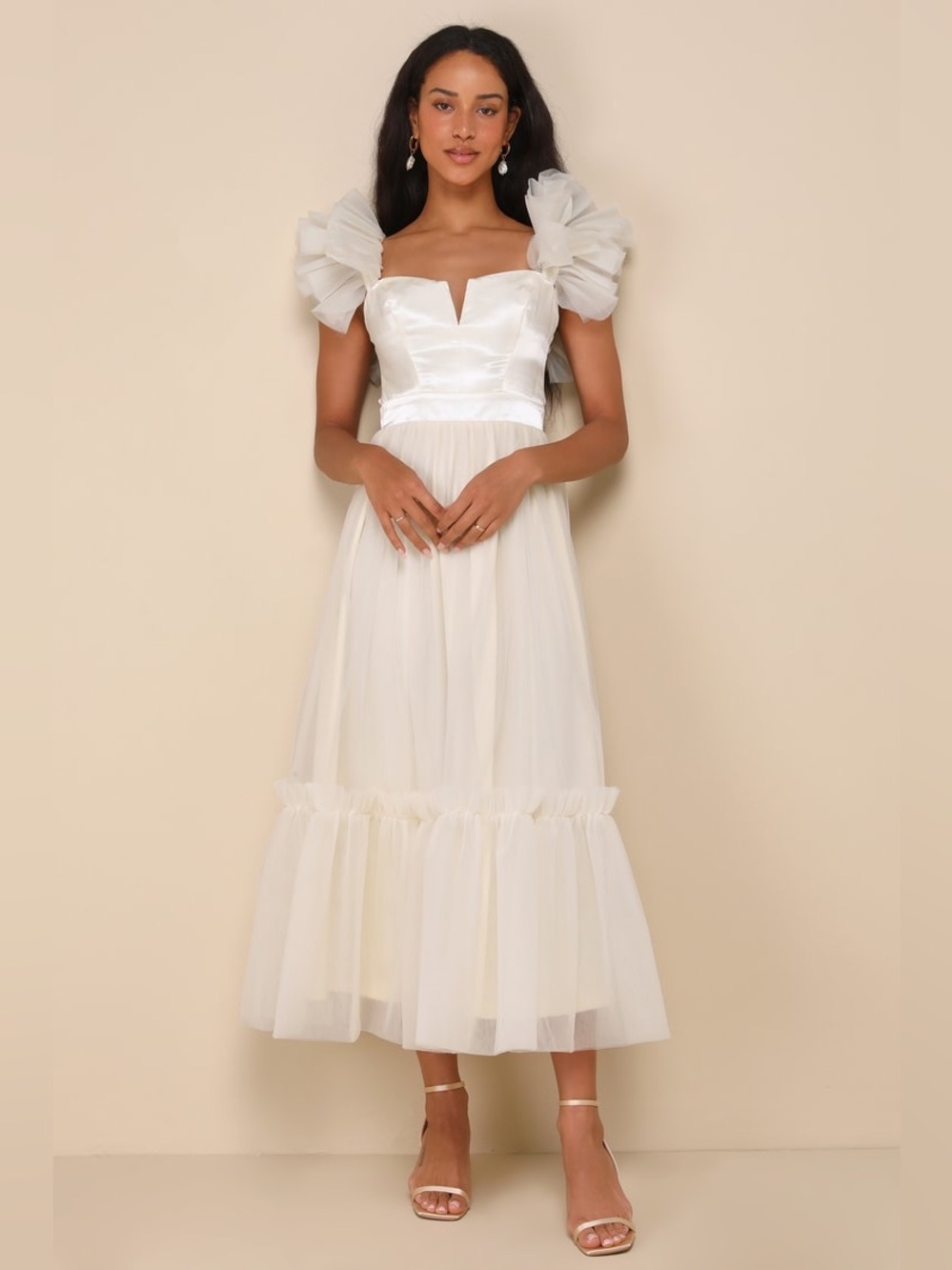 Lulus NWT Ivory Puff-Sleeve Midi Dress
